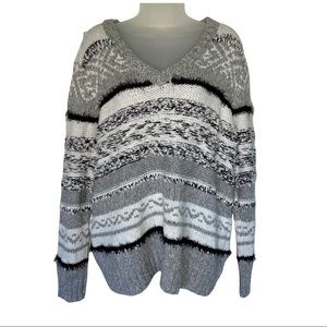 NEW V Neck Sweater Gray Silver Stripe Sparkle